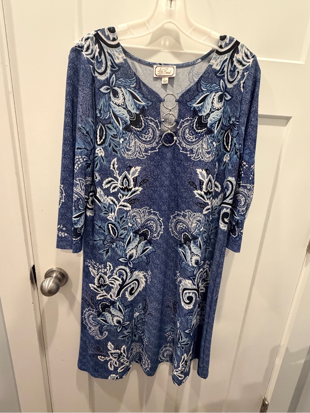 Ivy Road Blue Paisley Dress Womens Large 3/4 Sleeve Ring Neck Casual Shift